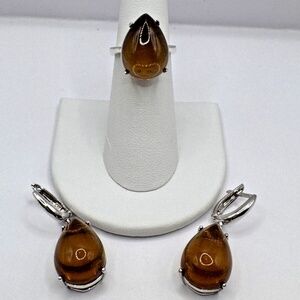 Color Change Created Zoisite Pear Cabochon Ring and Earring Set - Sterling 5.75